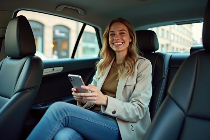 Jeune femme souriante dans une voiture citadine avec smartphone