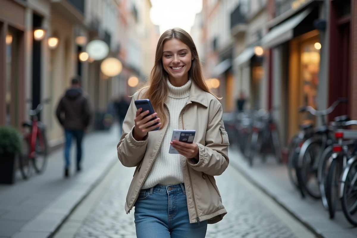 Jeune femme souriante avec carte de voyage dans la rue