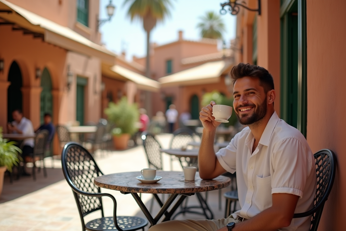 Jeune homme dégustant un thé à la menthe en terrasse
