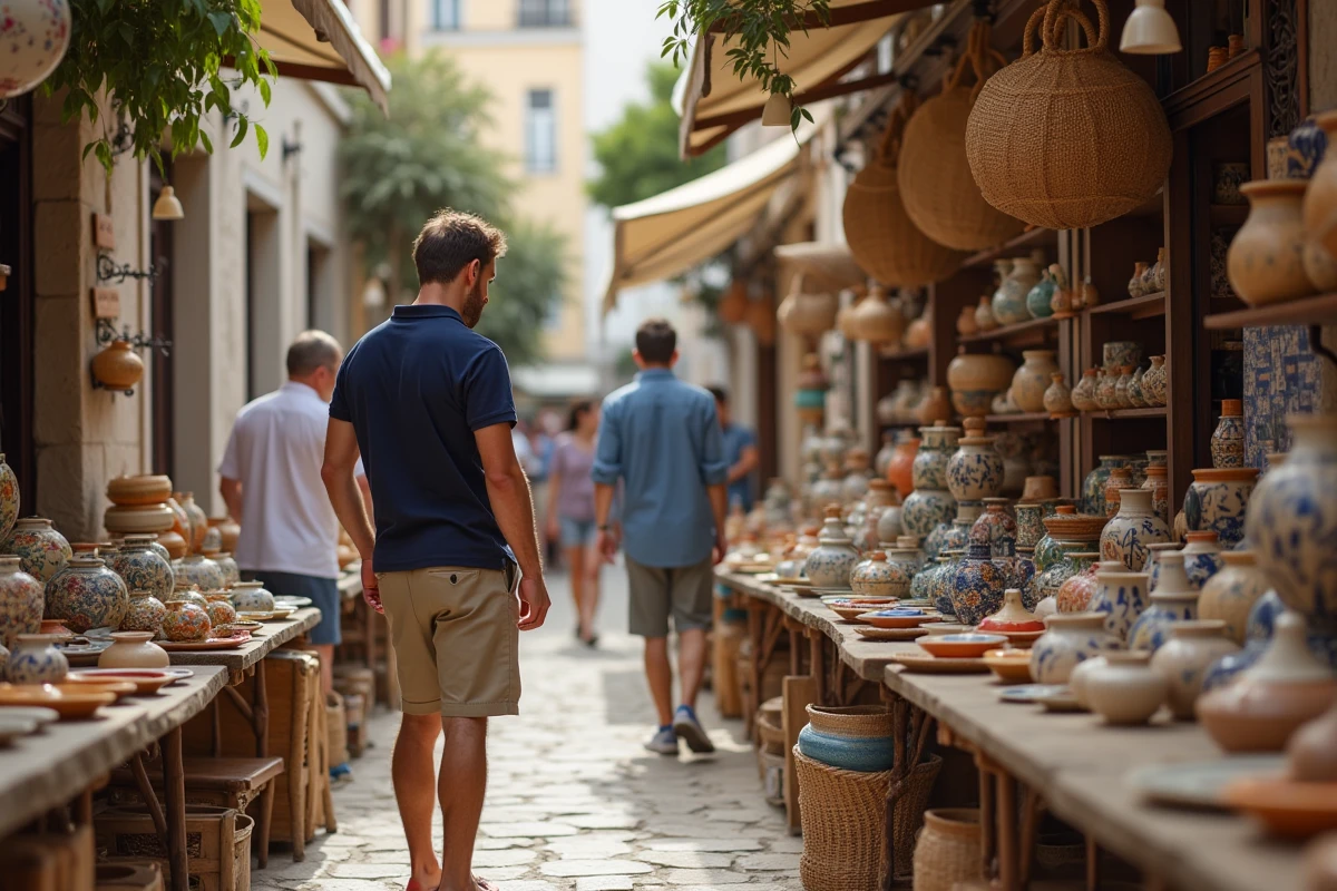 Jeune homme regardant céramiques dans marché artisanal