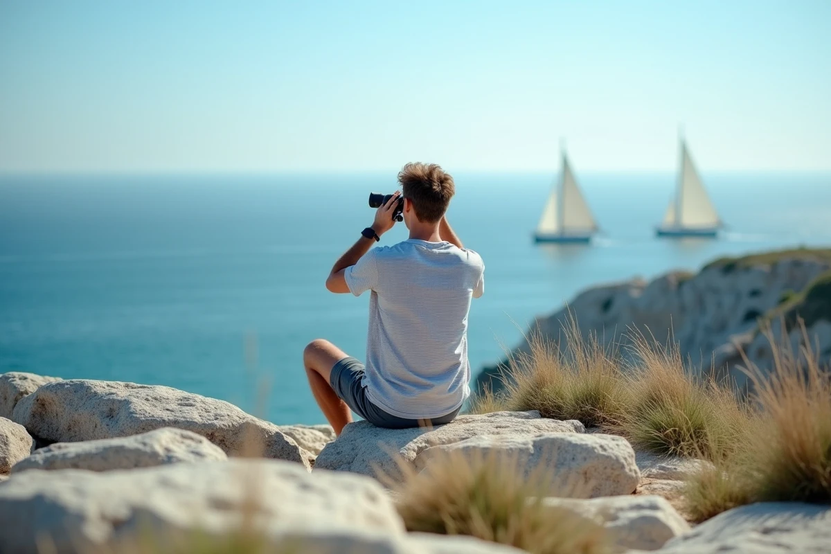 Jeune homme avec jumelles sur rochers côte