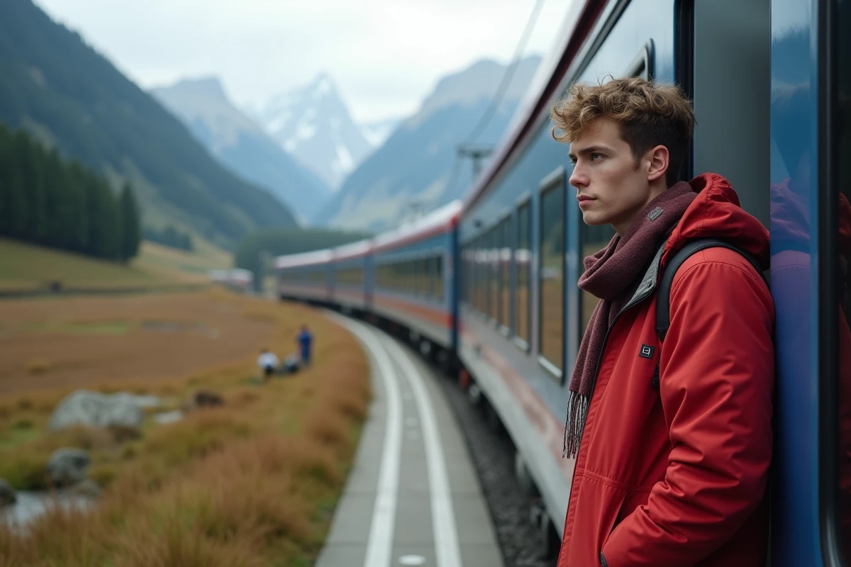 Jeune homme sur la plateforme avec train panoramique suisse