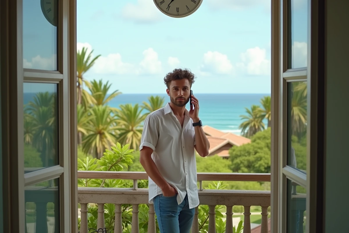 Jeune homme réunionnais parlant au téléphone sur le balcon