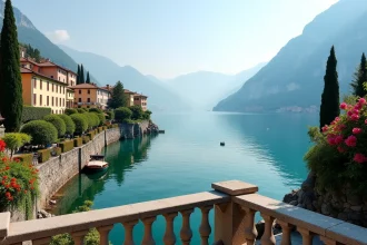 Vue panoramique du lac de Côme depuis les hauteurs de Varenna avec reflets pastel sur l'eau et sommets alpins en arrière-plan