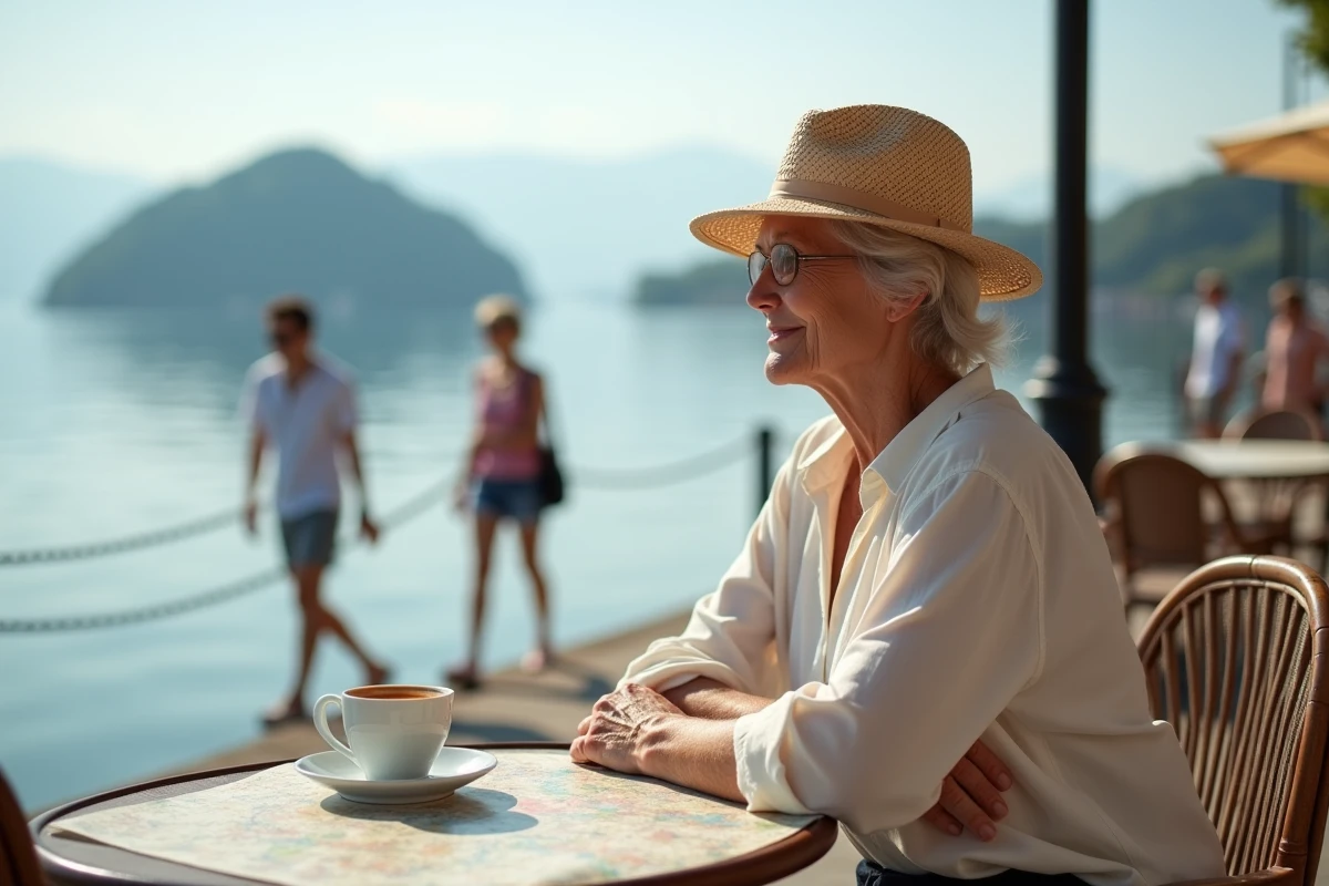 Femme attablée en terrasse au bord du lac Majeur avec les îles Borromées visibles au loin