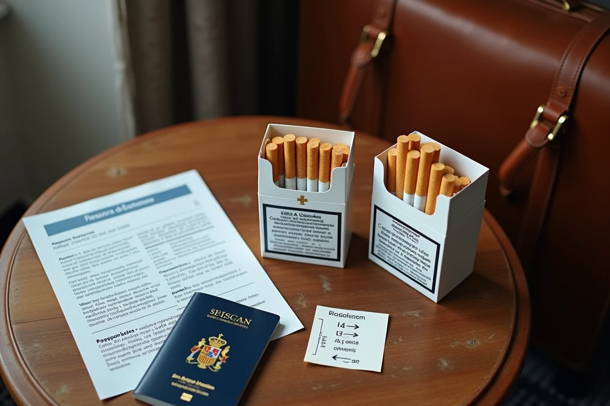 Cartons de cigarettes posés sur une table avec un passeport européen et une brochure des réglementations douanières espagnoles sur les limites de tabac