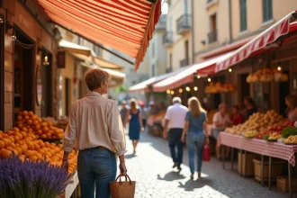 Marché animé d'Aix-en-Provence avec étals de produits frais, lavande et fromages locaux sous les arcades en pierre provençale