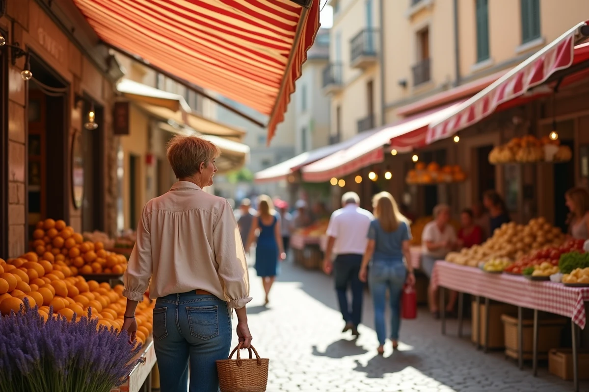 Marché animé d'Aix-en-Provence avec étals de produits frais, lavande et fromages locaux sous les arcades en pierre provençale