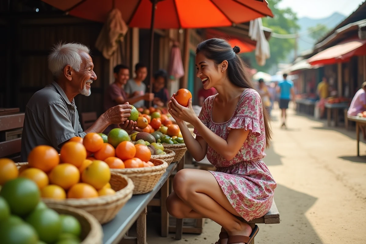 Voyageuse goûtant un fruit exotique sur un marché local coloré dans une destination hivernale insolite