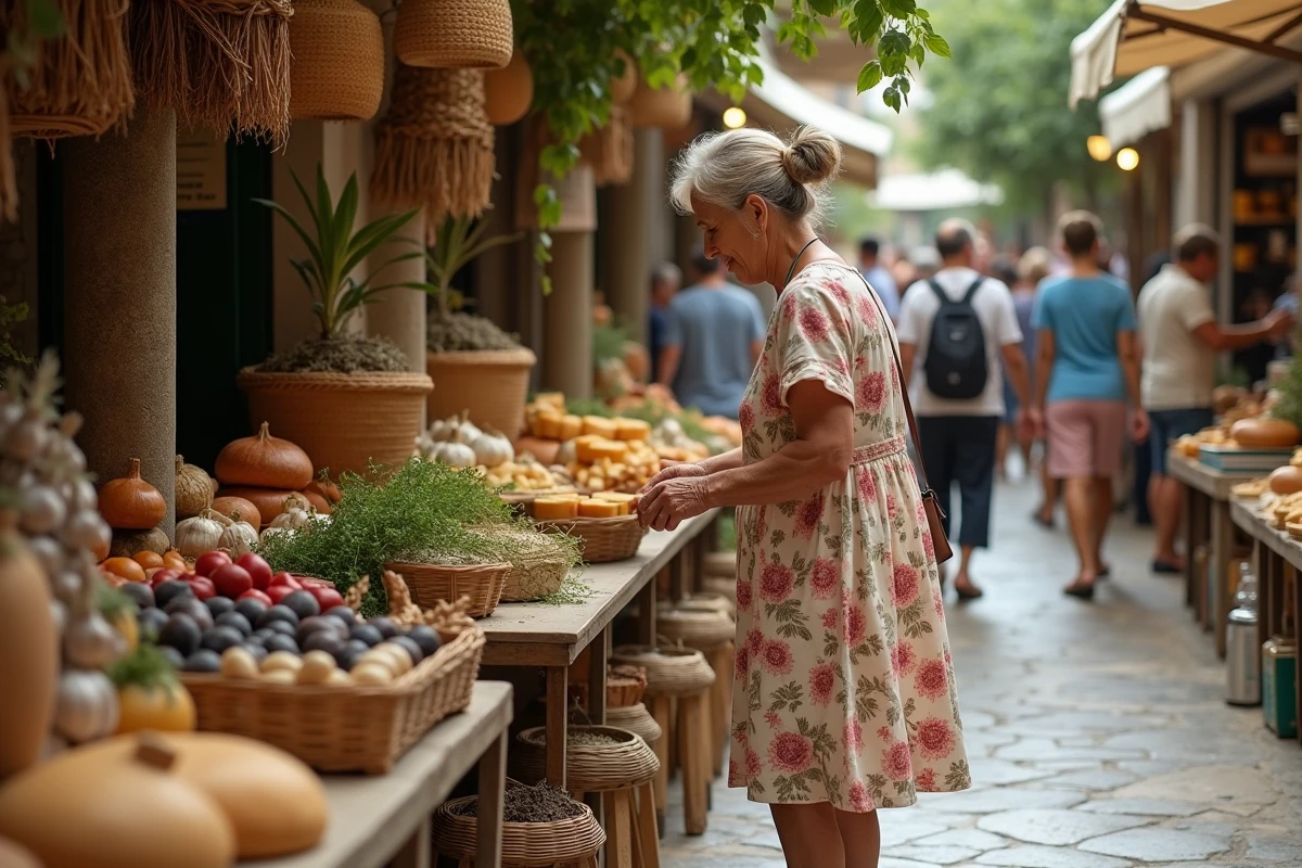Femme crétoise faisant ses courses dans un marché local traditionnel de Crète, avec herbes sauvages et fromages artisanaux