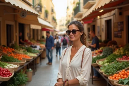 Femme faisant ses courses au marché en plein air de Valletta à Malte, entourée d'architecture en calcaire typique de l'île