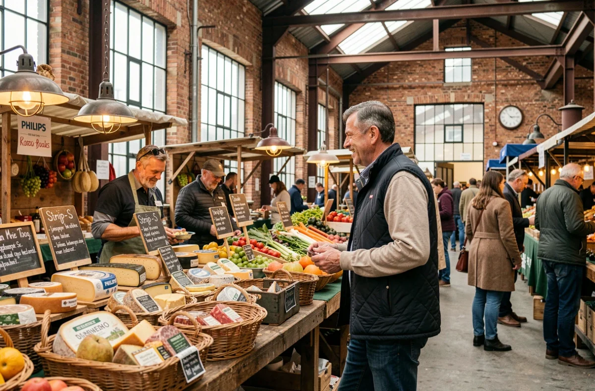 Homme parcourant un marché artisanal dans le quartier créatif Strijp-S de l'ancienne usine Philips à Eindhoven
