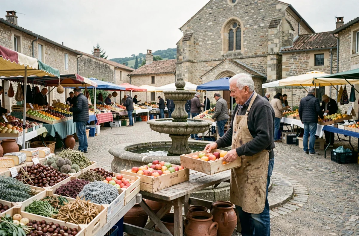 Marché artisanal traditionnel sur la place d'un village de l'Ardèche du Nord avec producteurs locaux et spécialités régionales