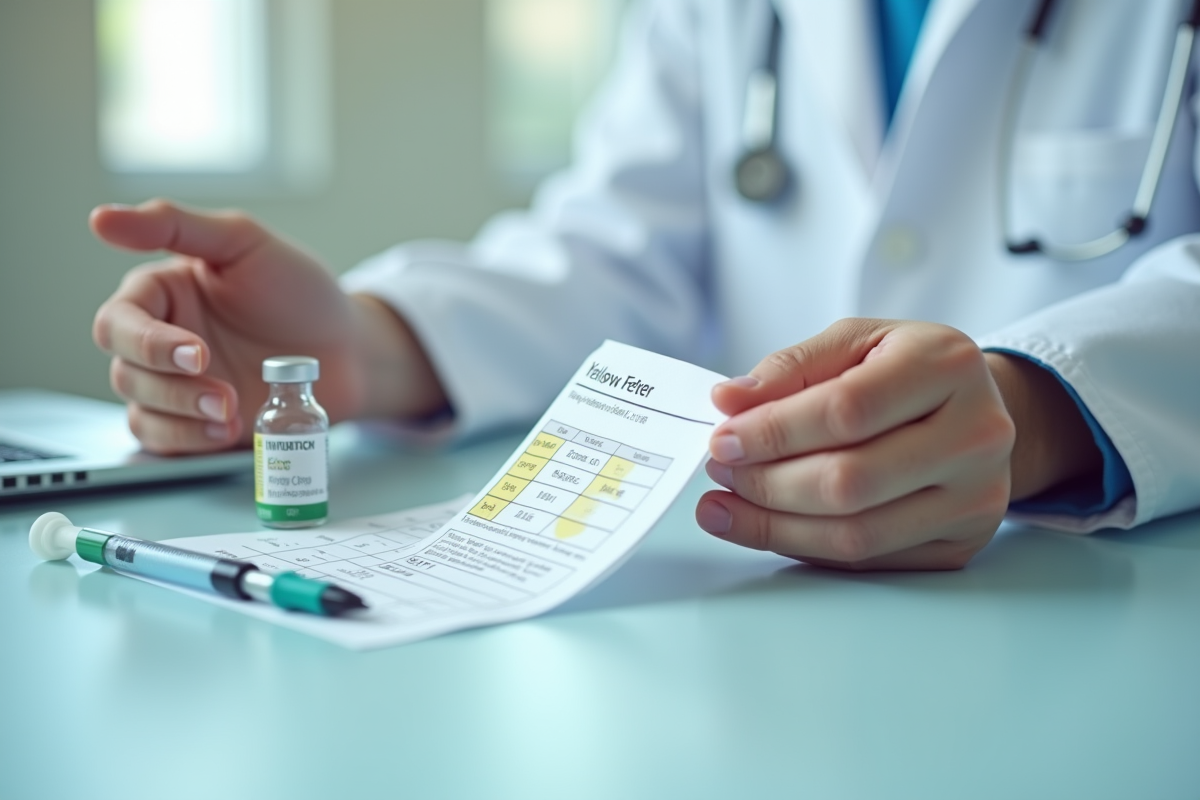 Docteur montrant une carte de vaccination fièvre jaune sur une table claire
