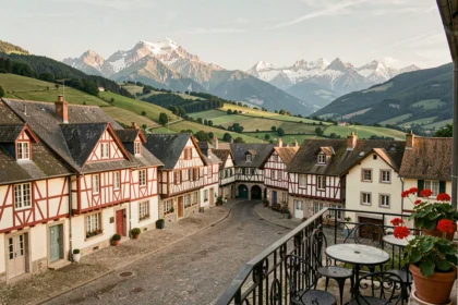 Vue panoramique d'un village basque typique avec hôtel de charme, collines verdoyantes et sommets pyrénéens enneigés en arrière-plan