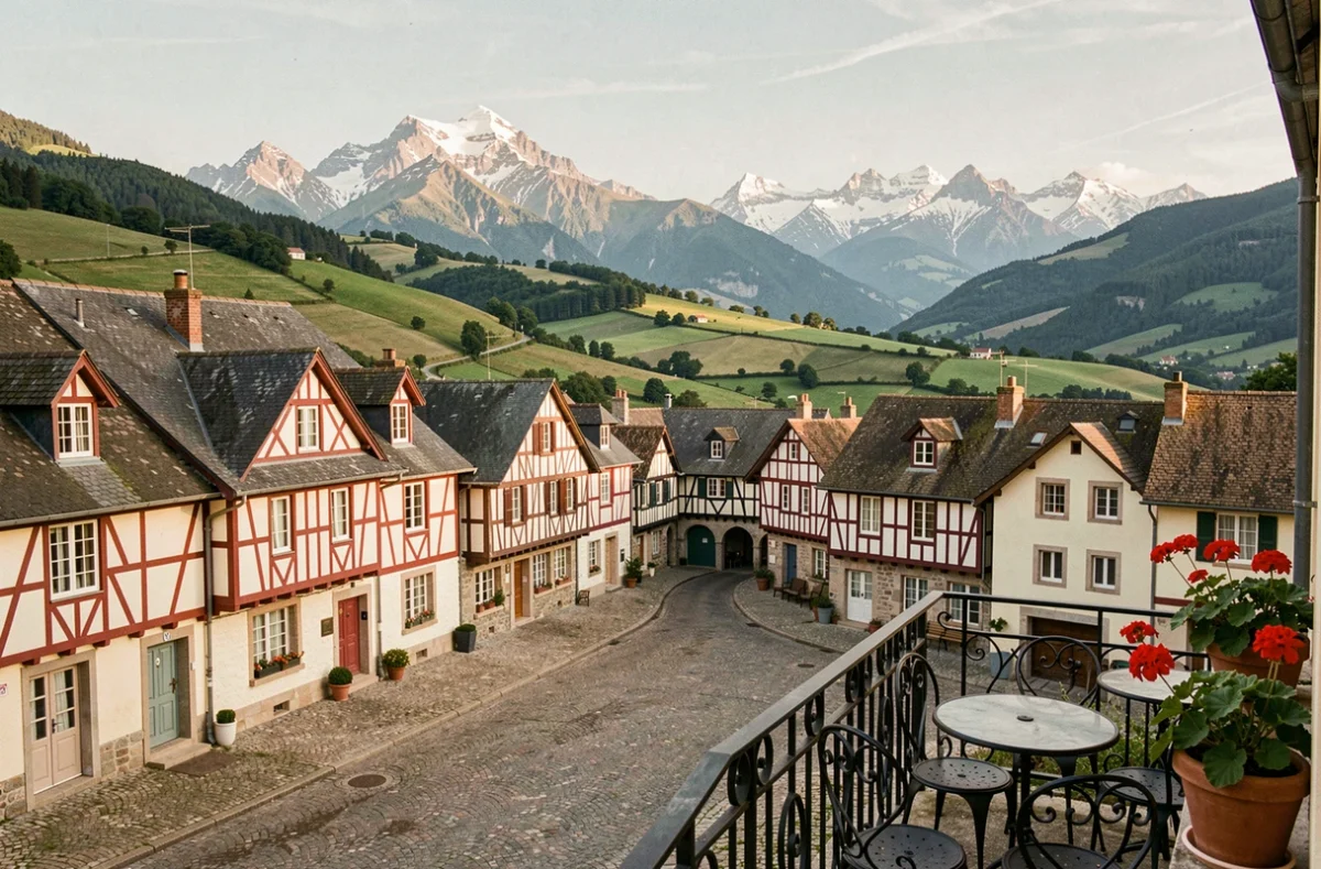 Vue panoramique d'un village basque typique avec hôtel de charme, collines verdoyantes et sommets pyrénéens enneigés en arrière-plan