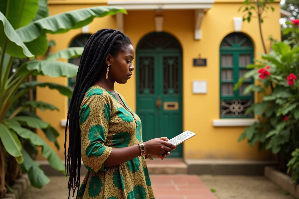 Femme jamaïcaine devant le musée Bob Marley à Kingston, bâtiment historique entouré de végétation tropicale