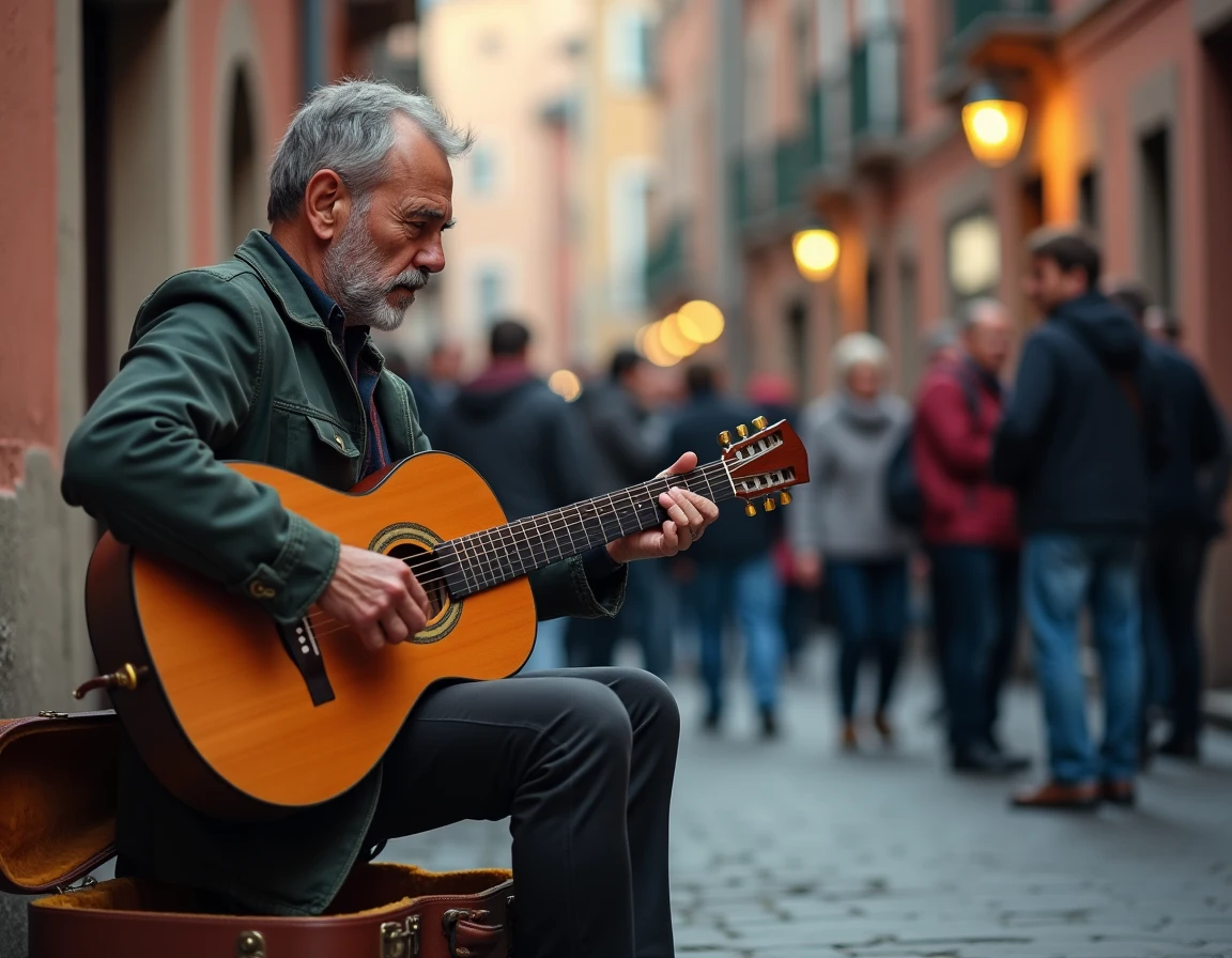 Musicien de rue jouant de la guitare acoustique dans une ruelle pavée du vieux Montauban le soir