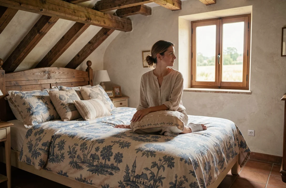 Chambre douillette à l'Ombre Bleue à Mittainville avec décoration rustique et vue sur la campagne