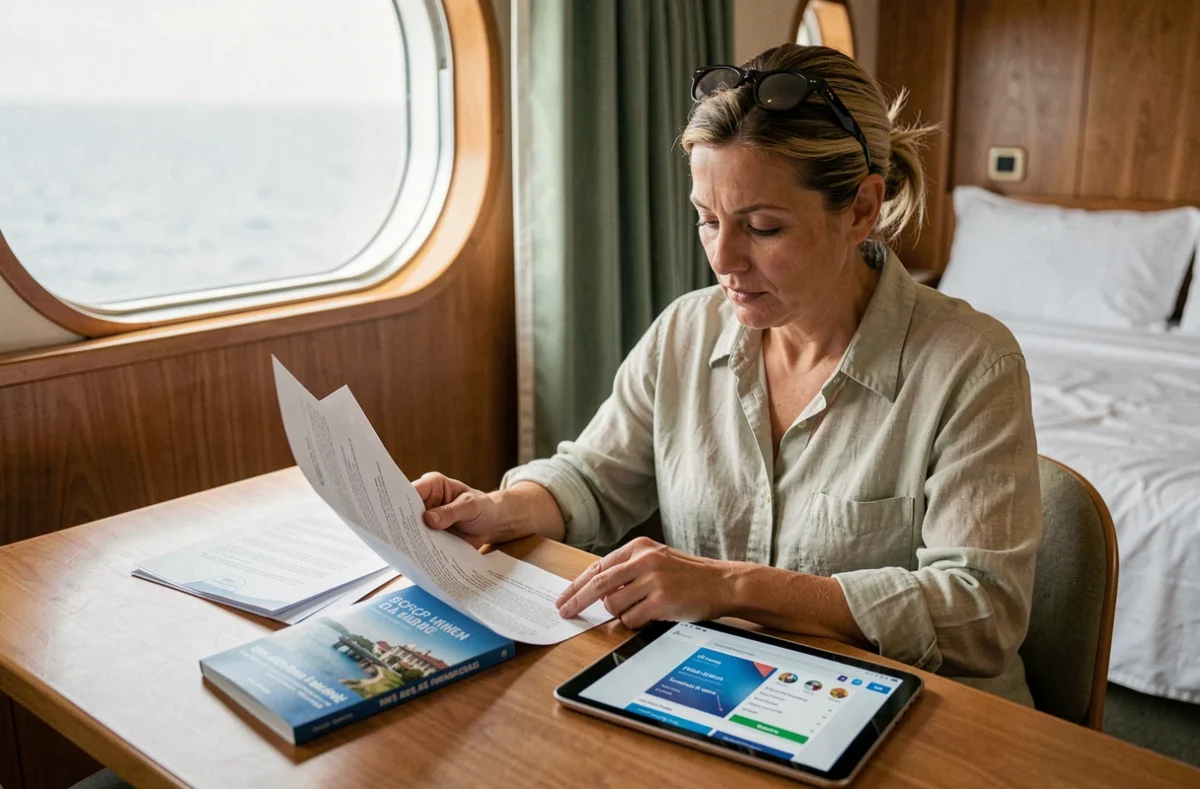 Femme organisant une croisière familiale depuis la cabine du navire avec documents et tablette