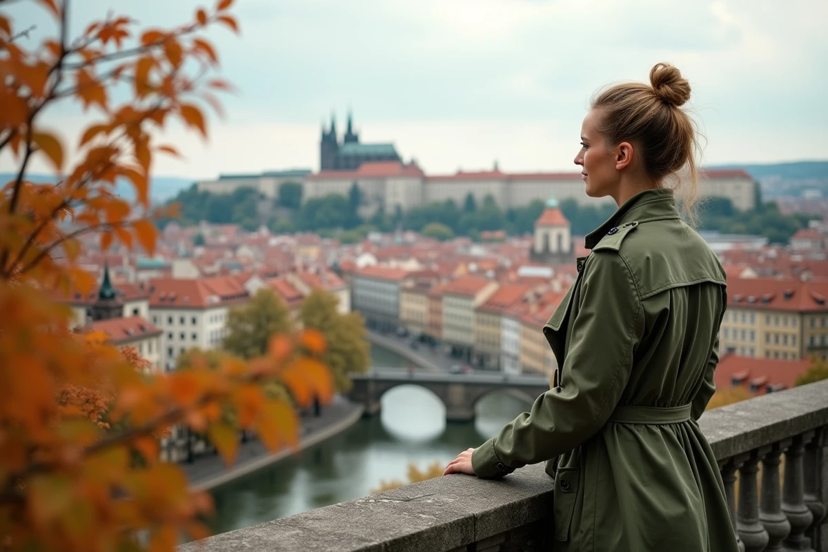Vue panoramique sur le Château de Prague et la Vltava depuis les terrasses du parc Letná en automne