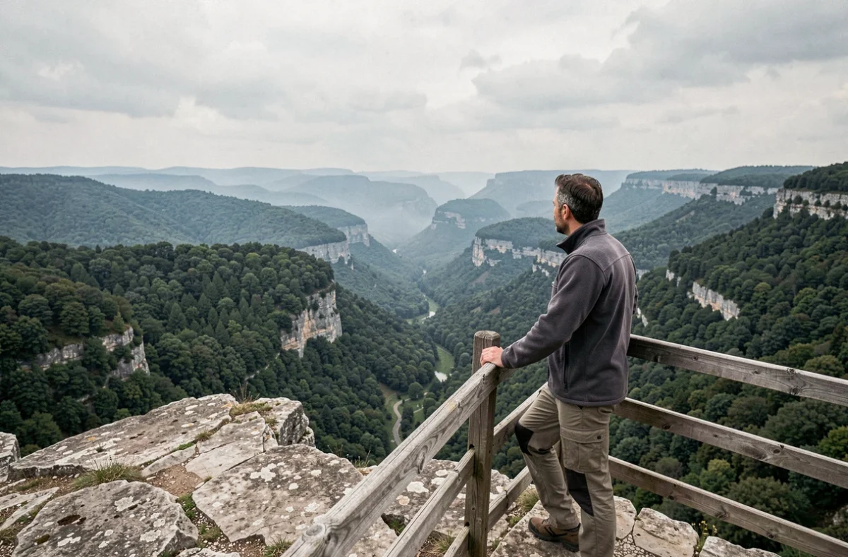 Panorama sur les gorges et forêts de l'Ardèche du Nord depuis un belvédère rocheux avec un randonneur contemplant le paysage