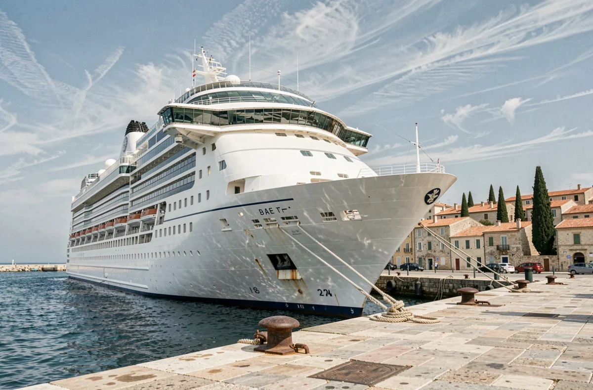 Paquebot de croisière amarré dans un port méditerranéen avec vue sur une vieille ville aux toits en tuiles