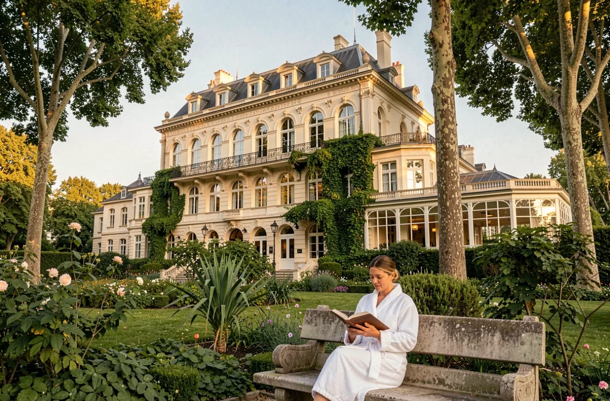 Vue extérieure du Parc Beaumont Hôtel et Spa à Pau avec son architecture Belle Époque et son parc verdoyant