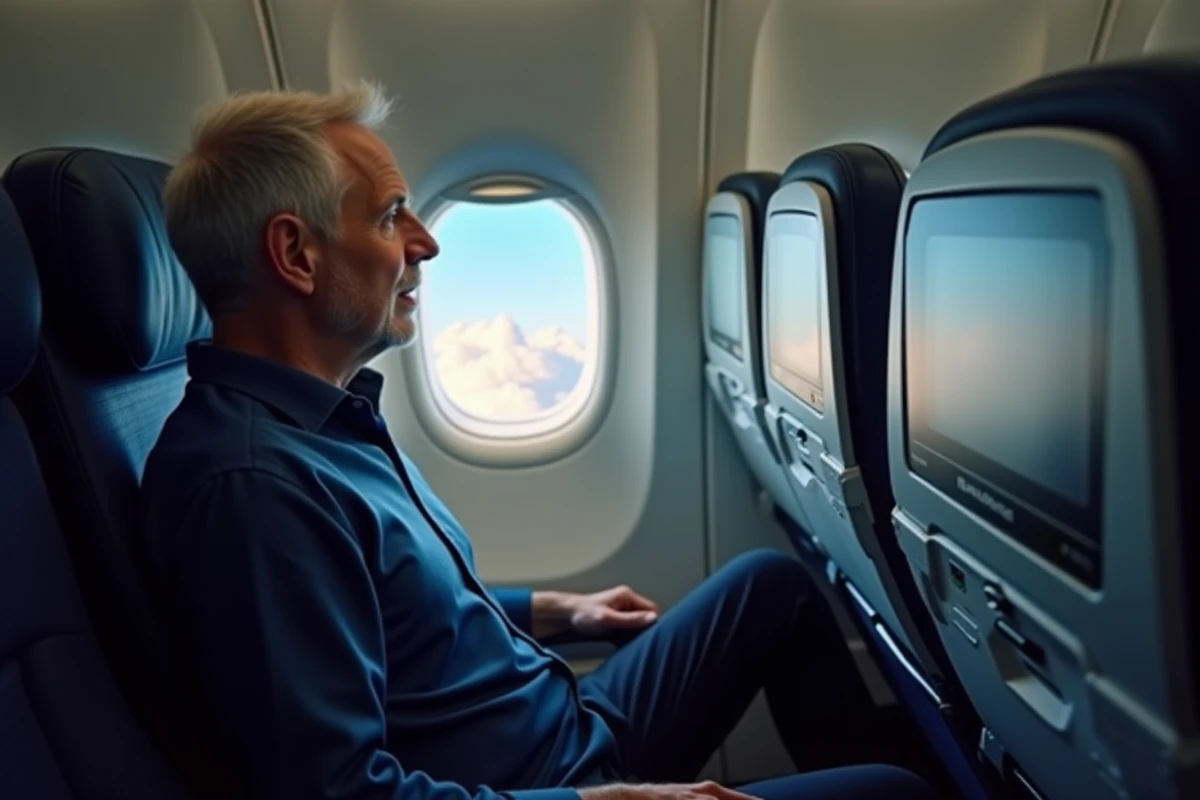 Passager Transavia regardant par le hublot en classe économique