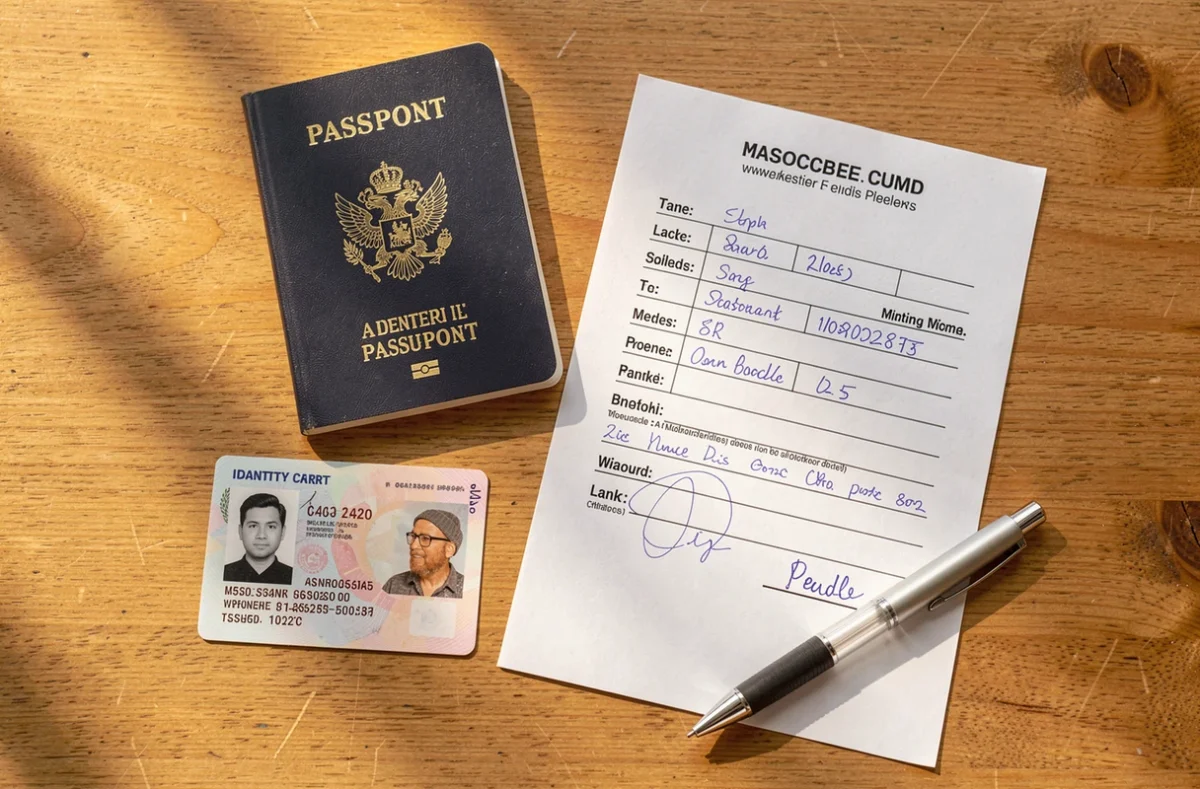 Passeport, pièce d'identité et formulaire signé posés sur une table