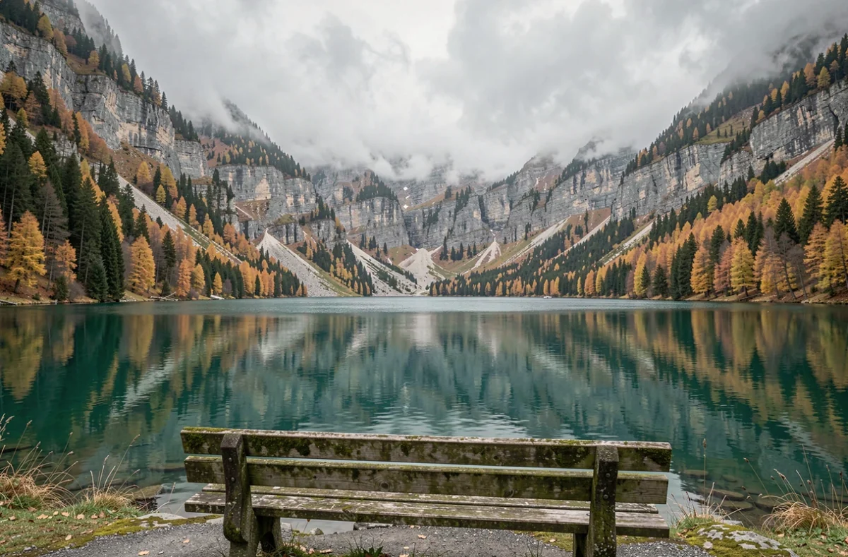 Vue panoramique déserte du lac d'Oeschinensee en automne avec reflets et forêt de larves dorées