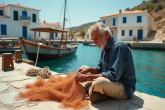 Pêcheur crétois âgé réparant ses filets sur un quai de village authentique en Crète, loin des circuits touristiques