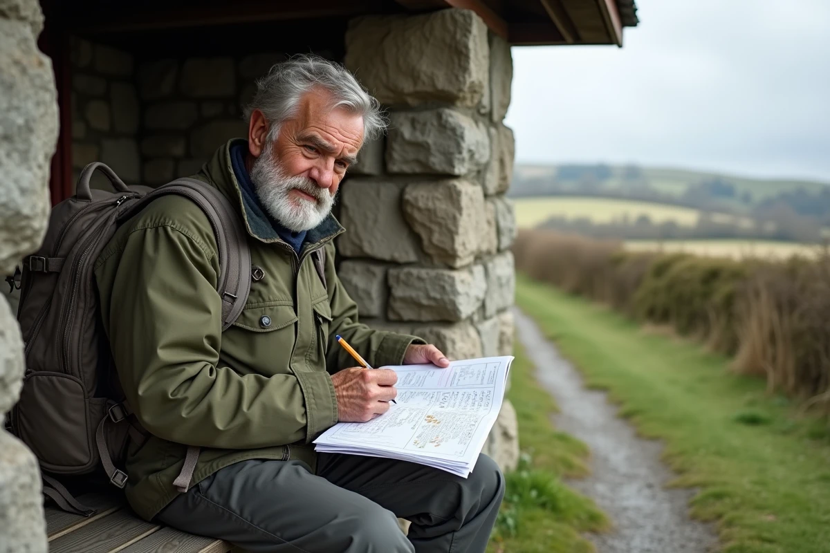 Pèlerin planifiant ses étapes du chemin de Compostelle dans un abri de randonnée en pleine campagne