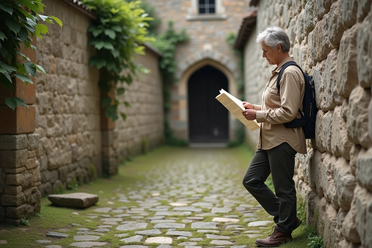 Pèlerine étudiant son itinéraire de Compostelle devant une abbaye en pierre en Normandie