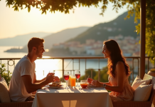 Couple profitant d'un petit déjeuner romantique sur la terrasse ensoleillée de la Côte d'Azur