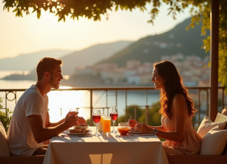 Week-end amoureux en PACA : cinq idées de dernière minute pour un séjour romantique Couple profitant d'un petit déjeuner romantique sur la terrasse ensoleillée de la Côte d'Azur