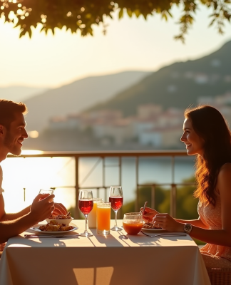 Couple profitant d'un petit déjeuner romantique sur la terrasse ensoleillée de la Côte d'Azur