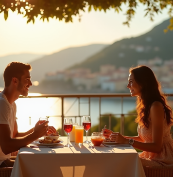 Couple profitant d'un petit déjeuner romantique sur la terrasse ensoleillée de la Côte d'Azur