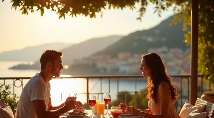 Couple profitant d'un petit déjeuner romantique sur la terrasse ensoleillée de la Côte d'Azur