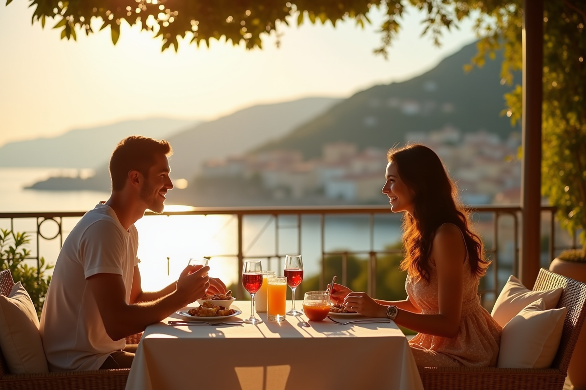 Couple profitant d'un petit déjeuner romantique sur la terrasse ensoleillée de la Côte d'Azur