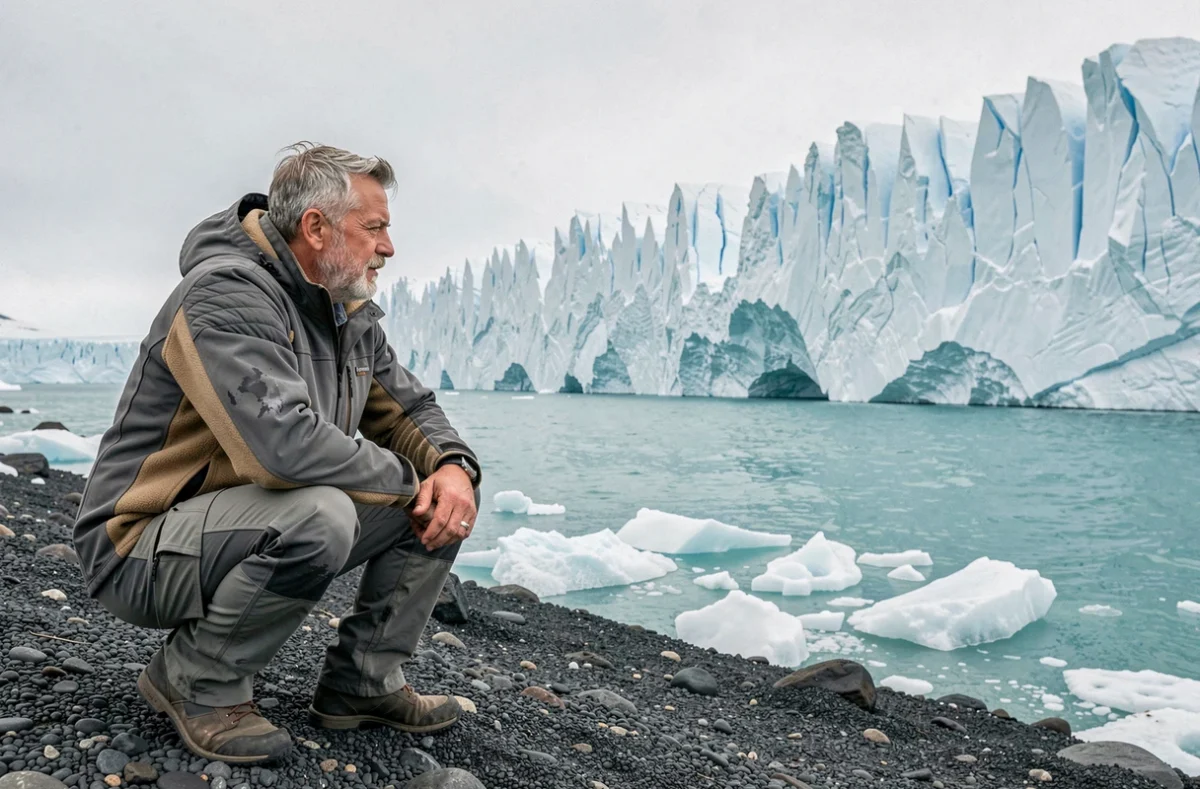 Photographe amateur accroupi sur une plage arctique face à un glacier qui se fragmente dans une lagune glaciaire
