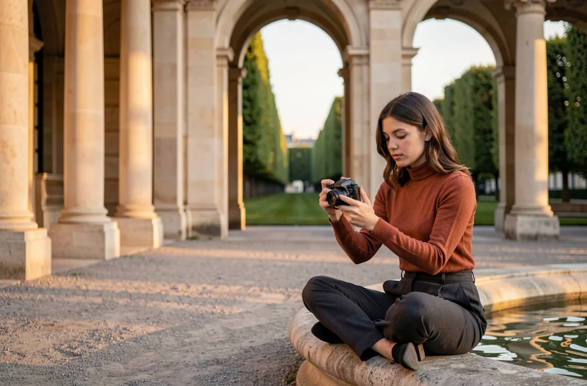 Jeune photographe femme assise au bord de la fontaine du Palais-Royal à Paris au crépuscule révisant ses photos