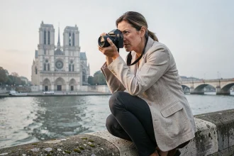 Photographe femme accroupie sur le Pont de l'Archevêché à Paris avec Notre-Dame en arrière-plan au petit matin