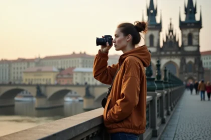 Photographe sur le Pont Charles à Prague au lever du jour avec les tours gothiques en arrière-plan