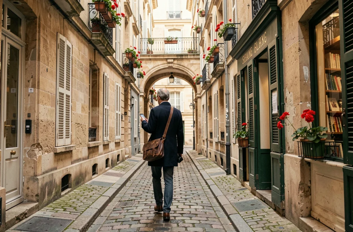 Photographe homme se promenant dans une ruelle pavée du Marais à Paris avec façades en pierre du XVIIe siècle