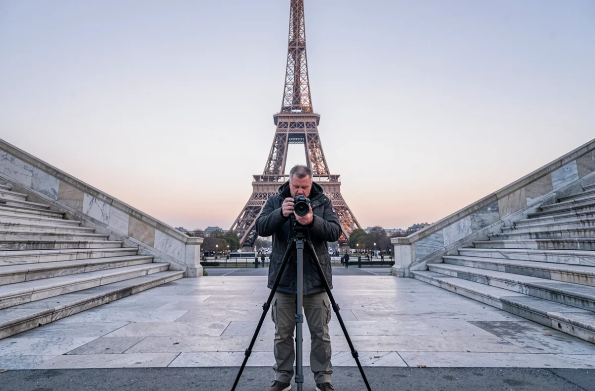 Photographe homme avec trépied sur l'esplanade du Trocadéro à Paris au lever du jour face à la Tour Eiffel