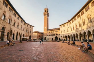 Vue panoramique de la Piazza del Campo à Sienne avec la Torre del Mangia en arrière-plan et des visiteurs assis sur le pavé en briques de terracotta