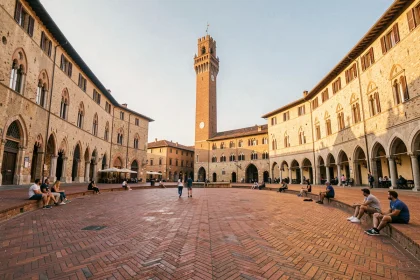 Vue panoramique de la Piazza del Campo à Sienne avec la Torre del Mangia en arrière-plan et des visiteurs assis sur le pavé en briques de terracotta