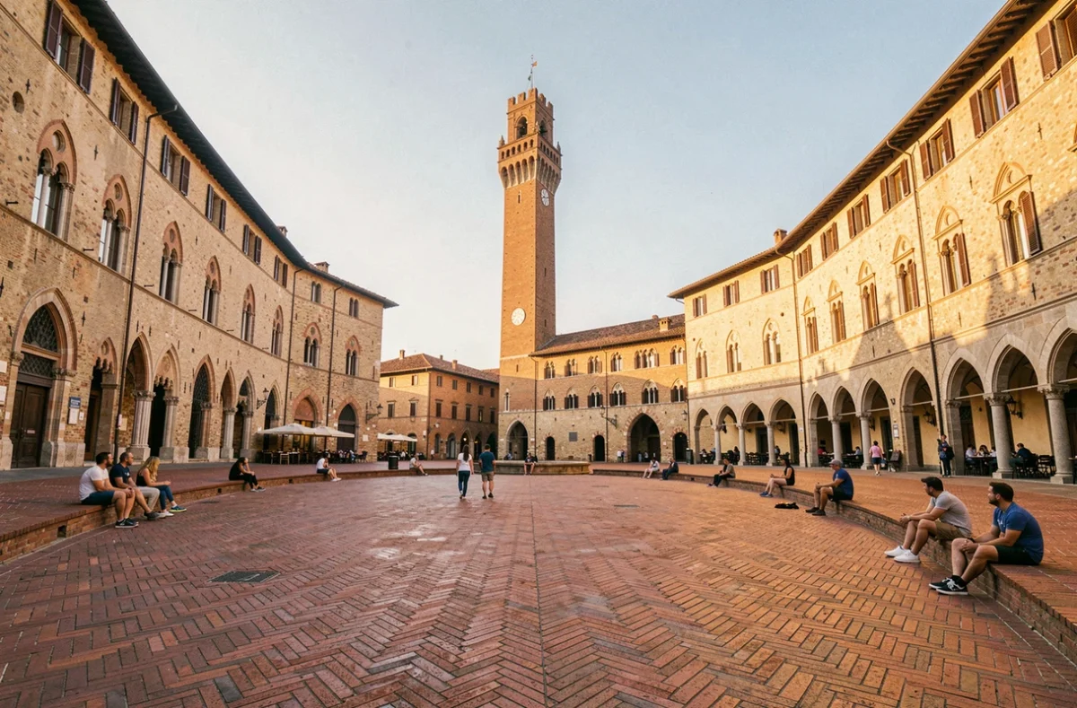 Vue panoramique de la Piazza del Campo à Sienne avec la Torre del Mangia en arrière-plan et des visiteurs assis sur le pavé en briques de terracotta