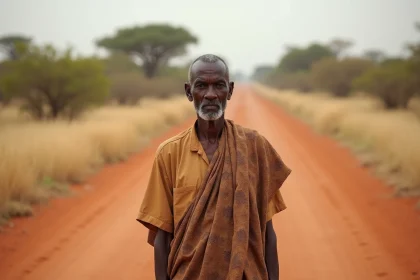 Homme sud-soudanais debout sur une piste rouge en latérite au milieu de la brousse du Soudan du Sud, ambiance documentaire authentique
